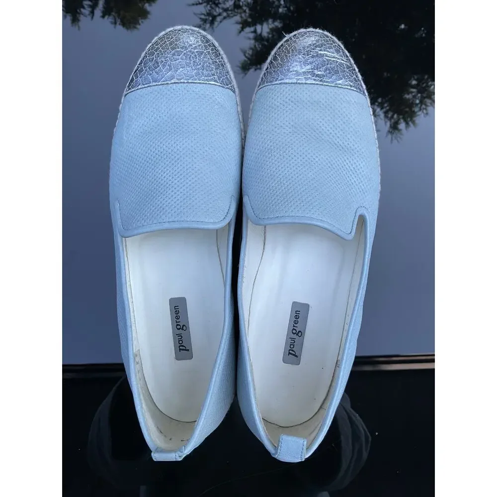 Paul Green Joaquin Espadrille Slip On Leather Loafer Cap Toe Blue/Silver‎ SZ 7